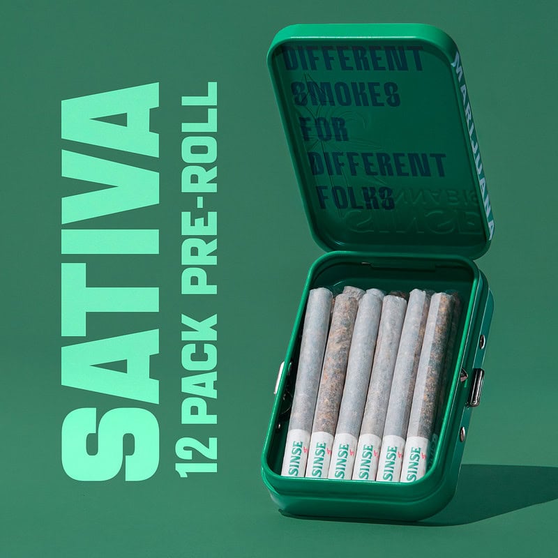12 pre-rolls from Sinse Cannabis in a green case for different smokes.
