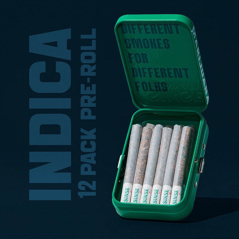 12 pre-rolls in a green tin container for Sinse Cannabis.