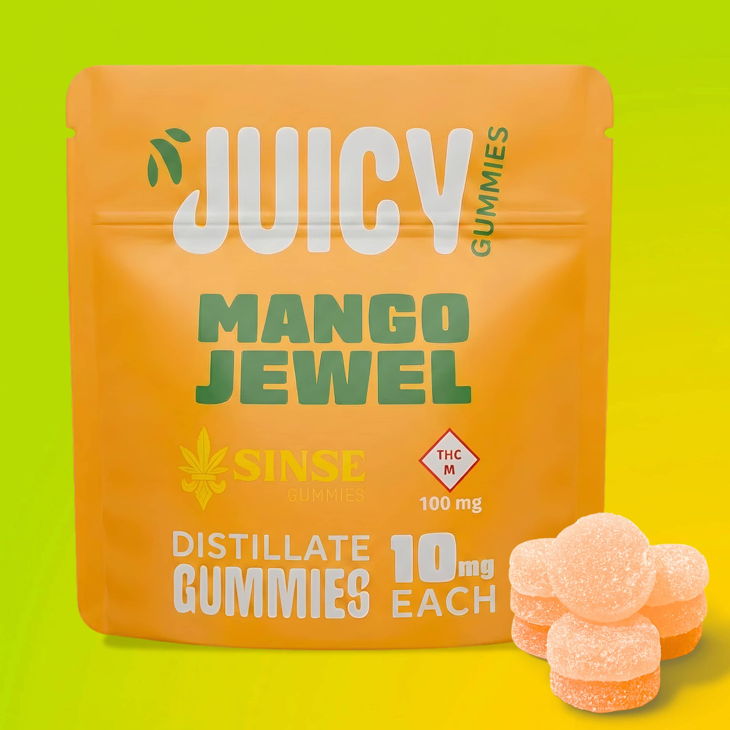 Juicy Mango Jewel Gummies package with mango-flavored gummies on yellow background.