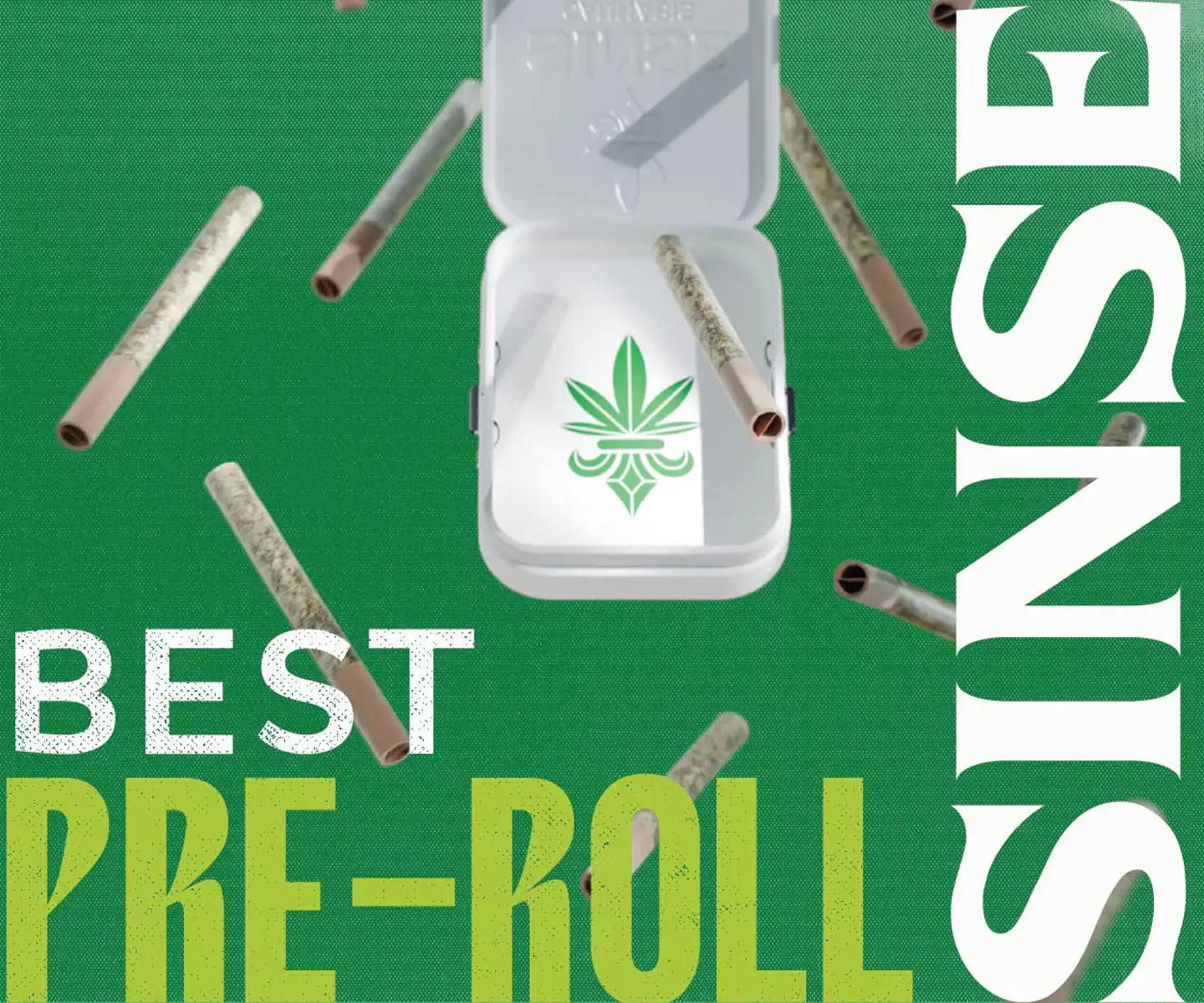 Pre-roll cannabis joints with Sinse Cannabis logo in open container.