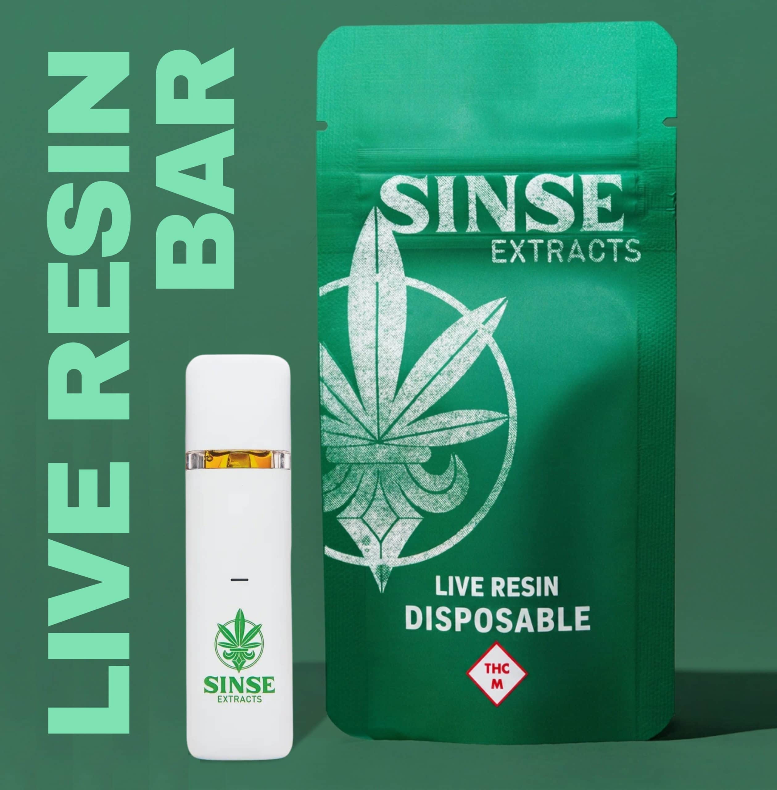 Sinse Cannabis live resin disposable vape and packaging for cannabis extracts.