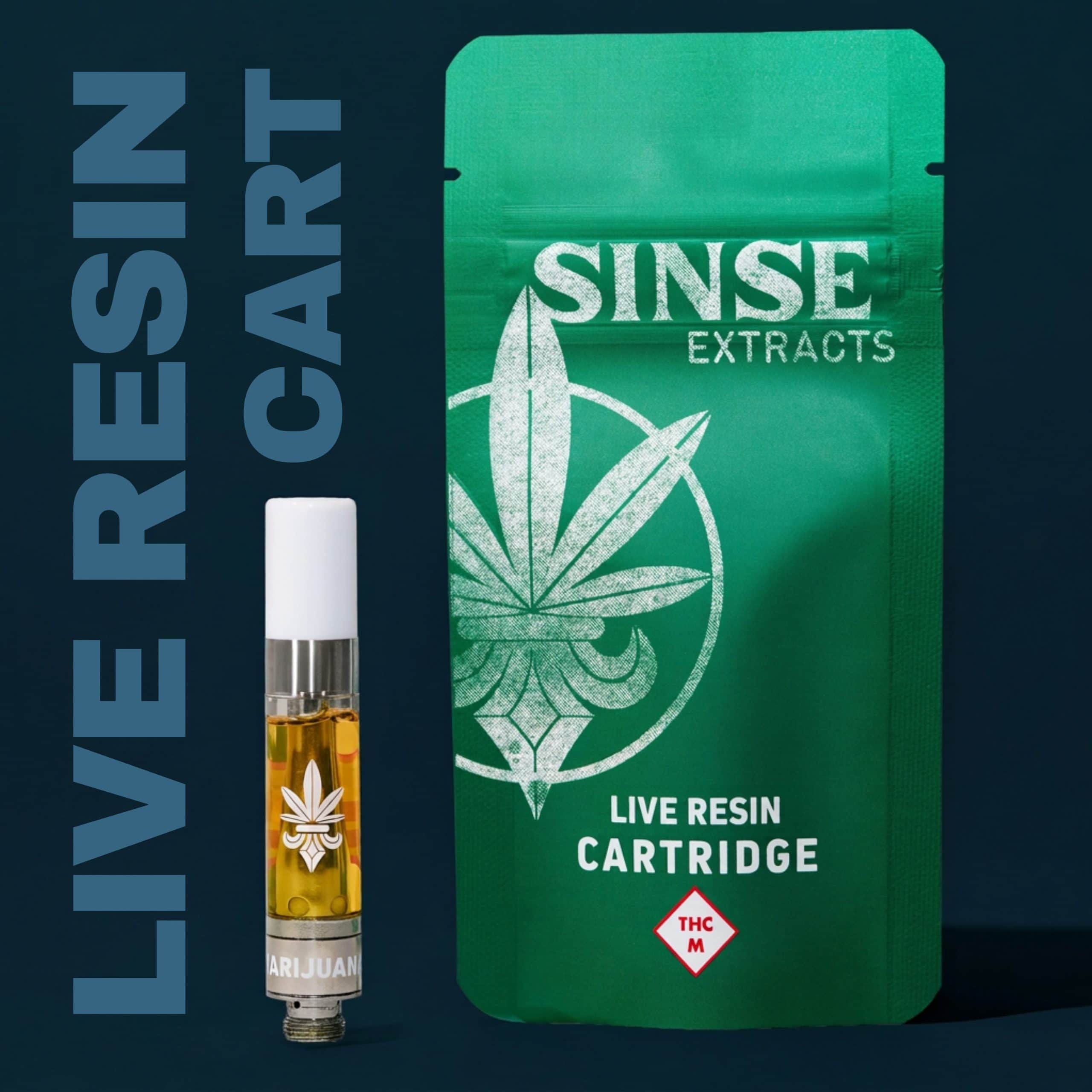 Sinse Cannabis live resin cartridge with cannabis leaf logo and THC M warning.