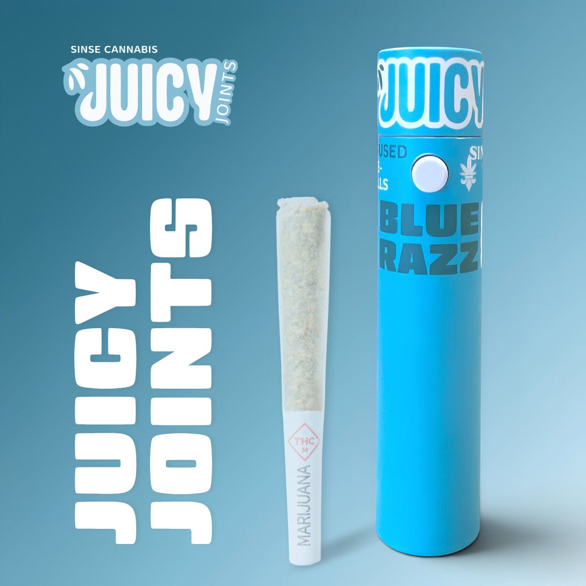 Pre-rolled cannabis joint with blue packaging for Juicy Joints by Sinse Cannabis.