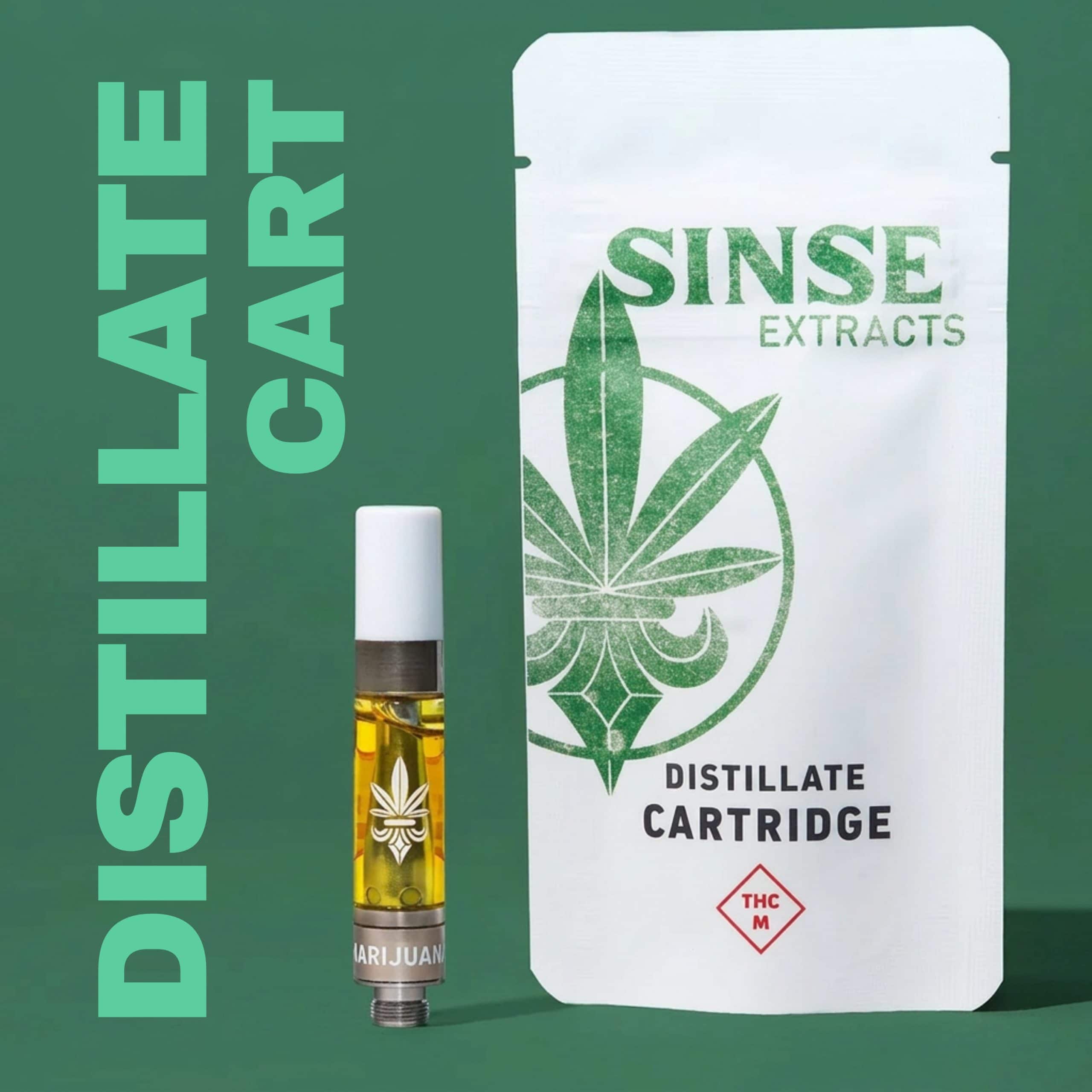 Sinse Cannabis distillate cartridge with THC M label and packaging.