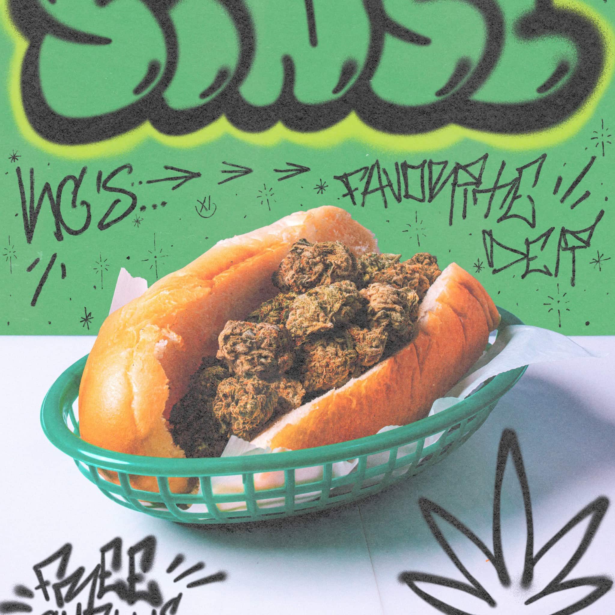 Hot dog topped with cannabis buds, in a green basket, with graffiti background.